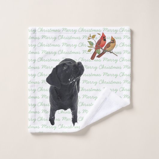 Zwarte labrador vrolijke kerstkardinalen Schattige Bad Handdoek (Wasdoekje)