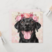 Zwarte Labradores-hond Roze Bloemige Groet Kaart (Voorkant / Achterkant in situ)