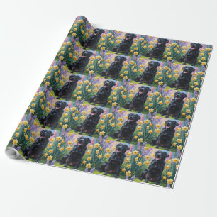 Zwarte Labradorshond Lente Bloemen Schilderij Cadeaupapier