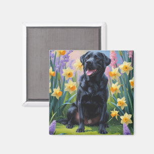Zwarte Labradorshond Lente Bloemen Schilderij Magneet
