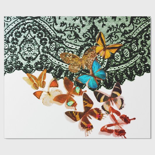 ZWARTE LACE PATROON MET BUTTERFLIES die papier ver (Vlak)