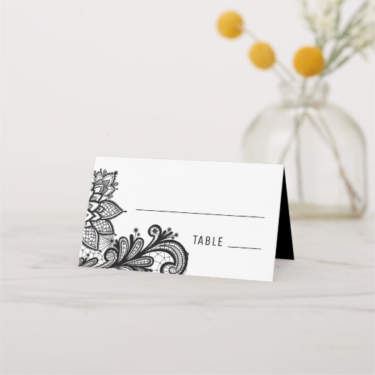 Zwarte  Lace Wedding Place Card Plaatskaartje (Voorkant)