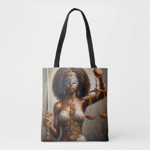 Zwarte Lady Justice met Weegschaal en Zwaard Kunst Tote Bag