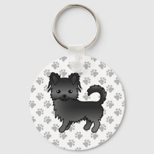 Zwarte Lange Jas Chihuahua Cartoon Hond & Pootjes Sleutelhanger