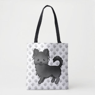 Zwarte Lange Jas Chihuahua Cartoon Hond & Pootjes Tote Bag