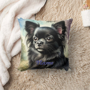 Zwarte Langharige Chihuahua in Aquarel Kussen