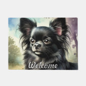 Zwarte langharige Chihuahua in Waterverf Deurmat (Voorkant)