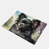 Zwarte langharige Chihuahua in Waterverf Deurmat (Schuin)