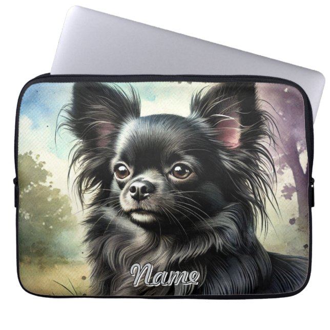 Zwarte langharige Chihuahua in Waterverf Laptop Sleeve (Voorkant)
