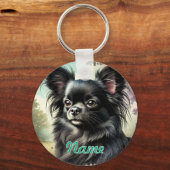 Zwarte langharige Chihuahua in Waterverf Sleutelhanger (Voorkant)