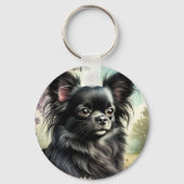Zwarte langharige Chihuahua in Waterverf Sleutelhanger (Achterkant)