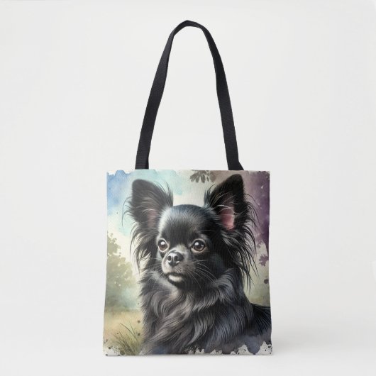 Zwarte langharige Chihuahua in Waterverf Tote Bag (Voorkant)