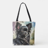 Zwarte langharige Chihuahua in Waterverf Tote Bag (Achterkant)