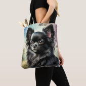 Zwarte langharige Chihuahua in Waterverf Tote Bag (Dichtbij)