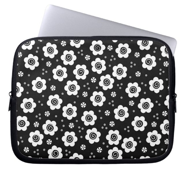 Zwarte laptophoes met witte bloemen laptop sleeve (Voorkant)
