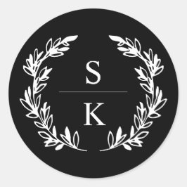 Zwarte lauwerkrans monogram huwelijkszegel ronde sticker