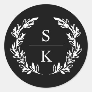 Zwarte lauwerkrans monogram huwelijkszegel ronde sticker