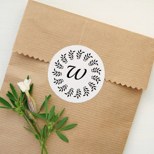 Zwarte lauwerkrans monogram ronde sticker