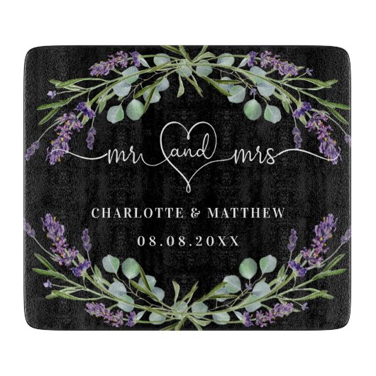 Zwarte lavendel bloemblaadjes groen meneer mevrouw snijplank (Voorkant)