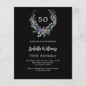 Zwarte lavendel bloemen budget verjaardagsuitnodig (Voorkant)