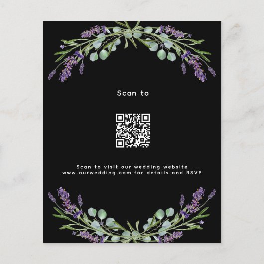 Zwarte lavendel QR RSVP budget bruiloft uitnodigin (Achterkant)
