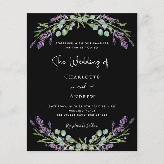 Zwarte lavendel QR RSVP budget bruiloft uitnodigin (Voorkant)