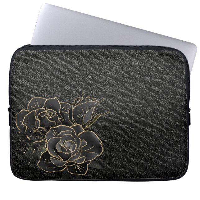 ZWARTE LEATHER KIJK PATROON MET ZWART GOUDE ROZEN LAPTOP SLEEVE (Voorkant)