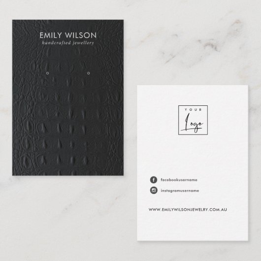 ZWARTE LEATHER TEXTURE EARRING STUD DISPLAY VISITEKAARTJE (Voorkant / Achterkant)