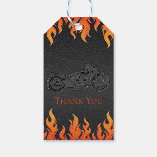 Zwarte leder Oranje Flames motorfiets Biker Party Cadeaulabel (Voorkant)