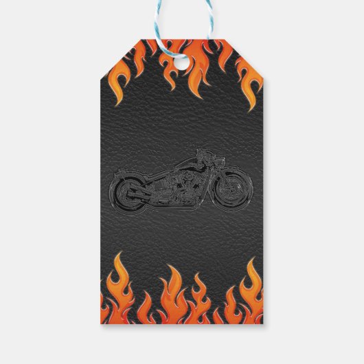 Zwarte leder Oranje Flames motorfiets Biker Party Cadeaulabel (Achterkant)