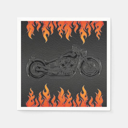 Zwarte leder Oranje Flames motorfiets Biker Party Servet (Voorkant)