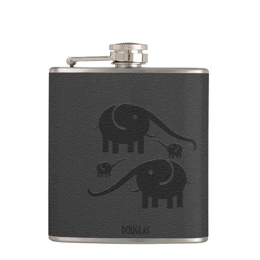 Zwarte lederen blik oogwenk illustratie heupfles (Voorkant)