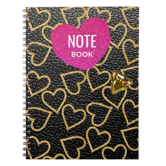 zwarte lederen nep-stijl met gouden harten, notitieboek (Voorkant)