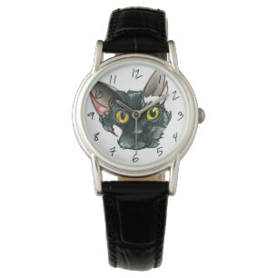 Zwarte lederen riem voor dames met zwarte kat horloge