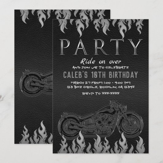 Zwarte lederen Silver Chrome-motorfiets Kaart (Voorkant / Achterkant)