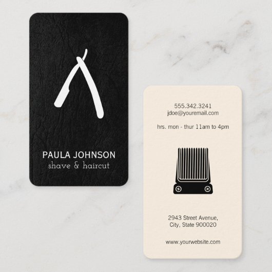 Zwarte lederen snor en kapper blad visitekaartje (Voorkant / Achterkant)