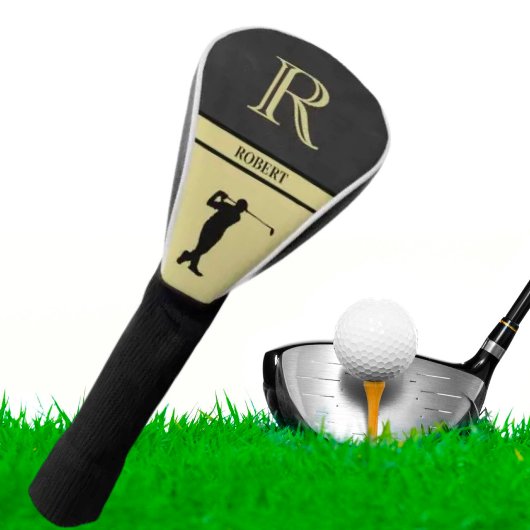 Zwarte lederen textuur Golfer monogram, goud Golfheadcover