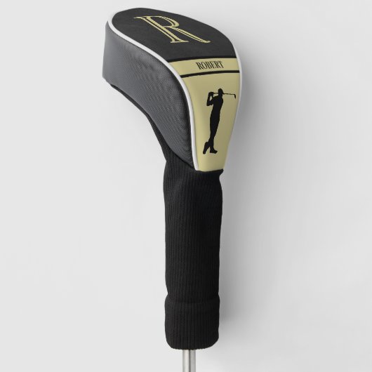 Zwarte lederen textuur Golfer monogram, goud Golfheadcover (Schuin)