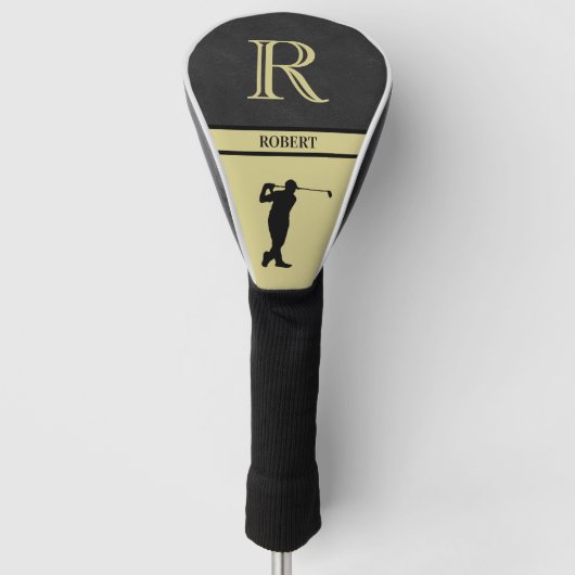 Zwarte lederen textuur Golfer monogram, goud Golfheadcover (Voorkant)