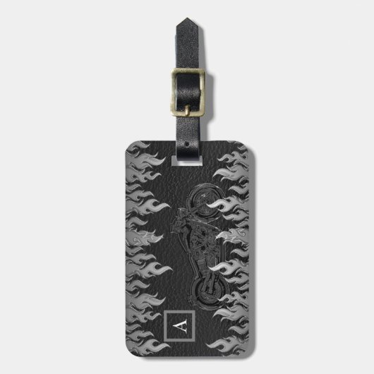 Zwarte lederen zilver brandt warmtecampagne bagagelabel (Voorkant verticaal)