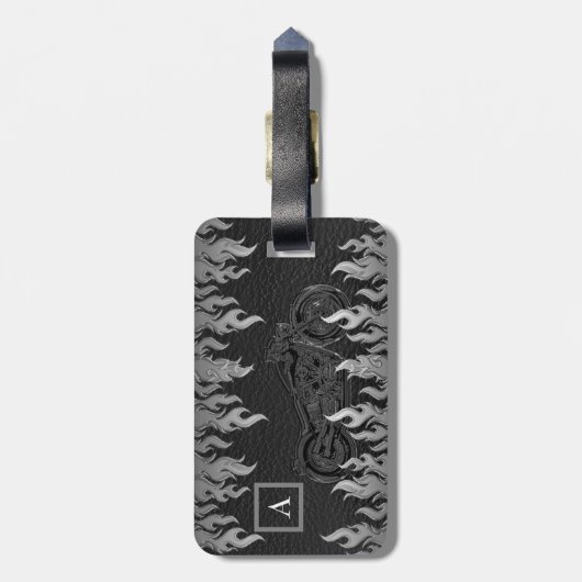 Zwarte lederen zilver brandt warmtecampagne bagagelabel (Achterkant verticaal)