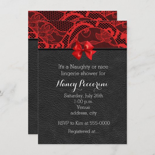 Zwarte leer en rode kant lingerie uitnodiging (Voorkant / Achterkant)