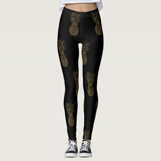 Zwarte Leggings Gouden Metallic Ananas (Voorkant)
