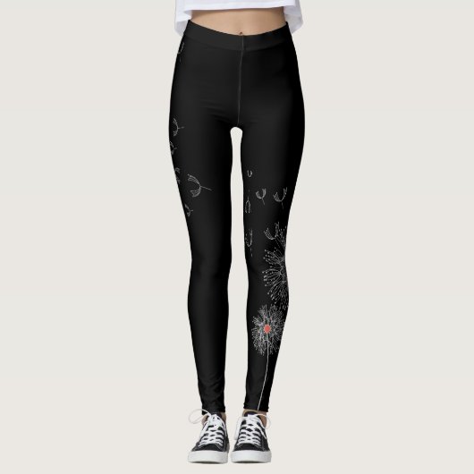 Zwarte Leggings met Paardenbloem Print op één been (Voorkant)