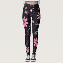 Zwarte Leggings voor dames met roze bloemenprint -
