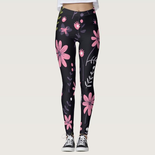 Zwarte Leggings voor dames met roze bloemenprint - (Voorkant)