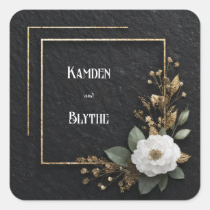 Zwarte Leiste Goud Folie Witte Bloem Elegante Trou Vierkante Sticker