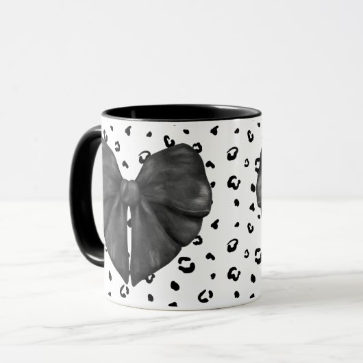 Zwarte Leopard Coquette Girly Print Bow Mok (Voorkant links)
