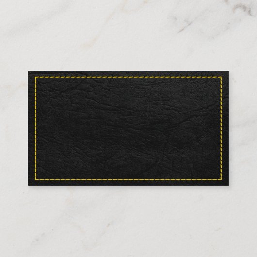 Zwarte leren achtergrond met gele stiksels visitekaartje (Achterkant)