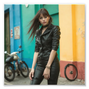 Zwarte leren Gothic Babe tegen kleurrijke straat Foto Afdruk